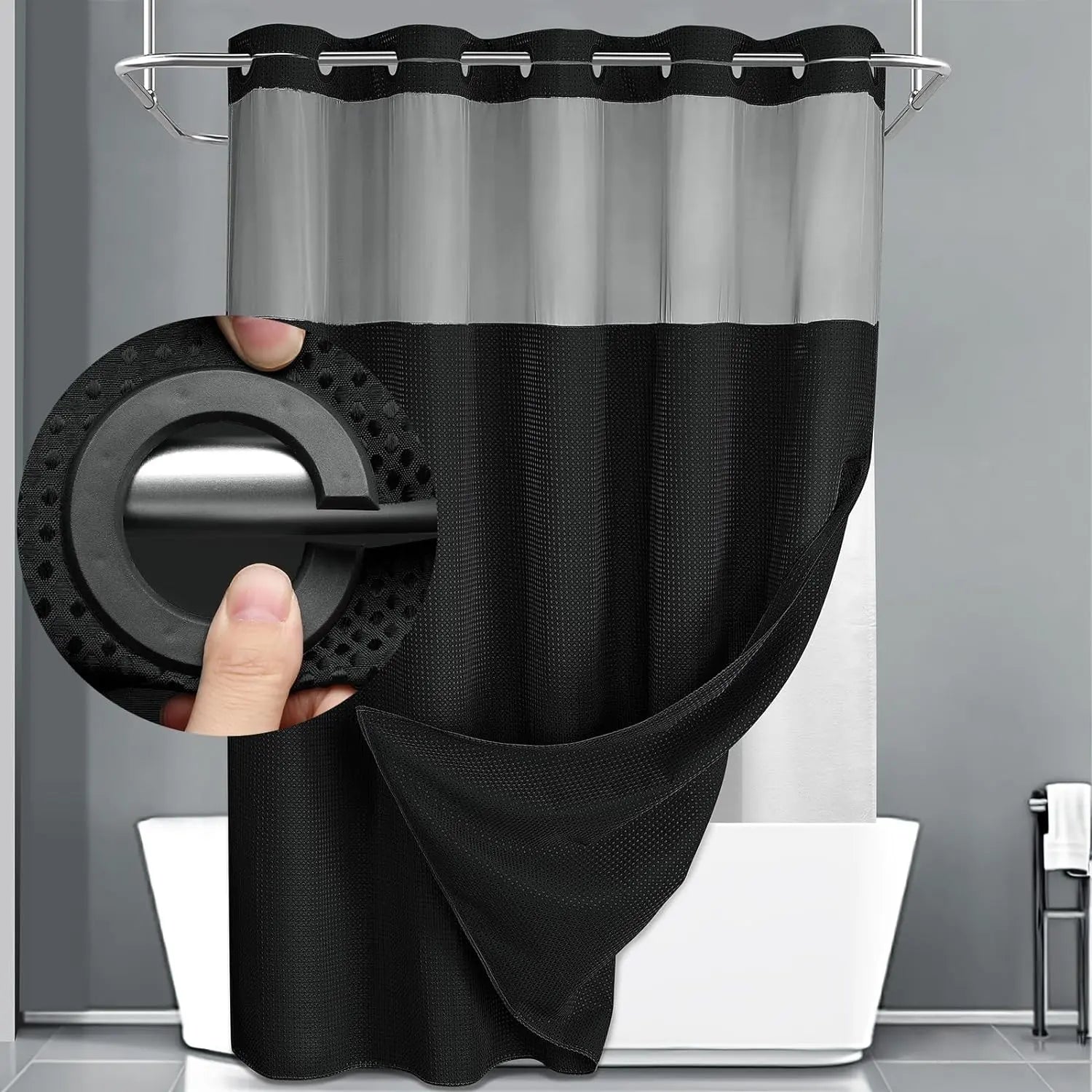No Hook Washable Waffle Weave Shower Curtain with Snap in Liner -Waterproof Double Layer Shower Curtain with Washableinner Liner, 72 X75 Inch Showercurtain