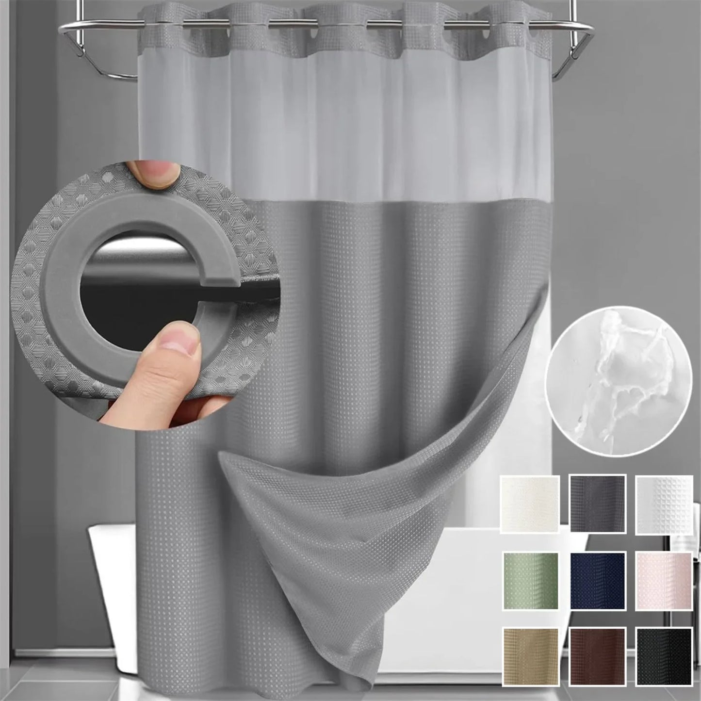 1PC Hookless Waffle Check Shower Curtain Hotel Grade Double Layer Waterproof Bathroom Shower Curtain Easy to Install 10 Colors