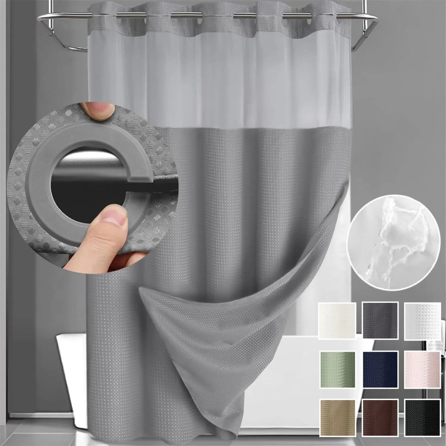 1PC Hookless Waffle Check Shower Curtain Hotel Grade Double Layer Waterproof Bathroom Shower Curtain Easy to Install 10 Colors