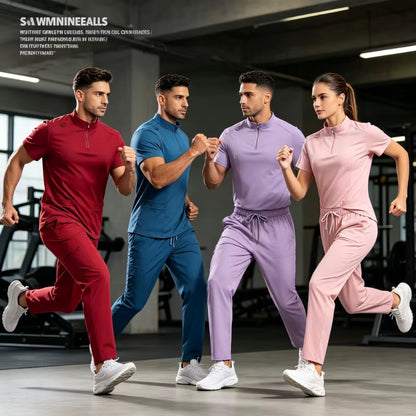 Mens Stand Collar Zip Front Scrub Set Workwear Straight Leg Pants Casual Gym Fitness Uniform Suit