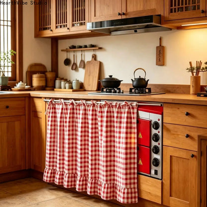 【Summerwins】2026 Farmhouse-Style Stove Curtain, Gingham Grid Ruffle-Edge Tier Curtains, Rural Short Window Valance, Home Kitchen Dust Cover, Plaid Floral Window Treatments, Aesthetic House Decor, Unique Room Decor