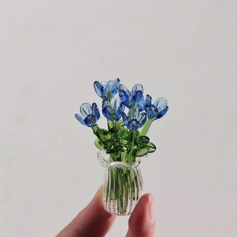 1 Set (8 Flowers + 1 Vase) Handcrafted Mini Glass Artificial Flower Ornaments, DIY Faux Flower Arrangement Bouquet, Decorative Mixed Flower Set for Gifting and Event Decorations, Faux Floral Decor, Artificial Flower Bouquets #GLOBAL PICKS