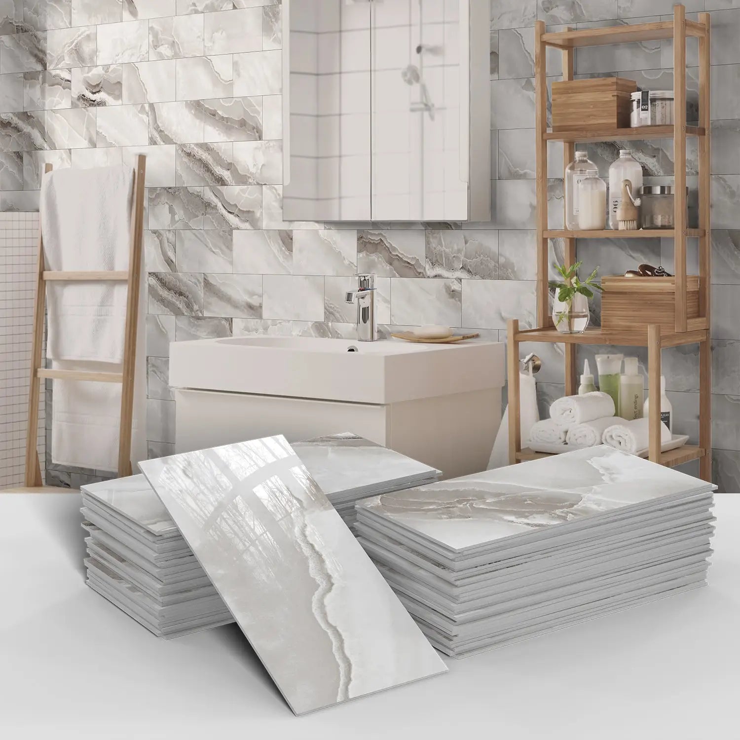 16/32/64PCS Marble Thicker Self-Adhesive Tile Stickers Waterproof Kitchen and Bathroom Minimalist Art 3D Wall Sticker Wallpaper