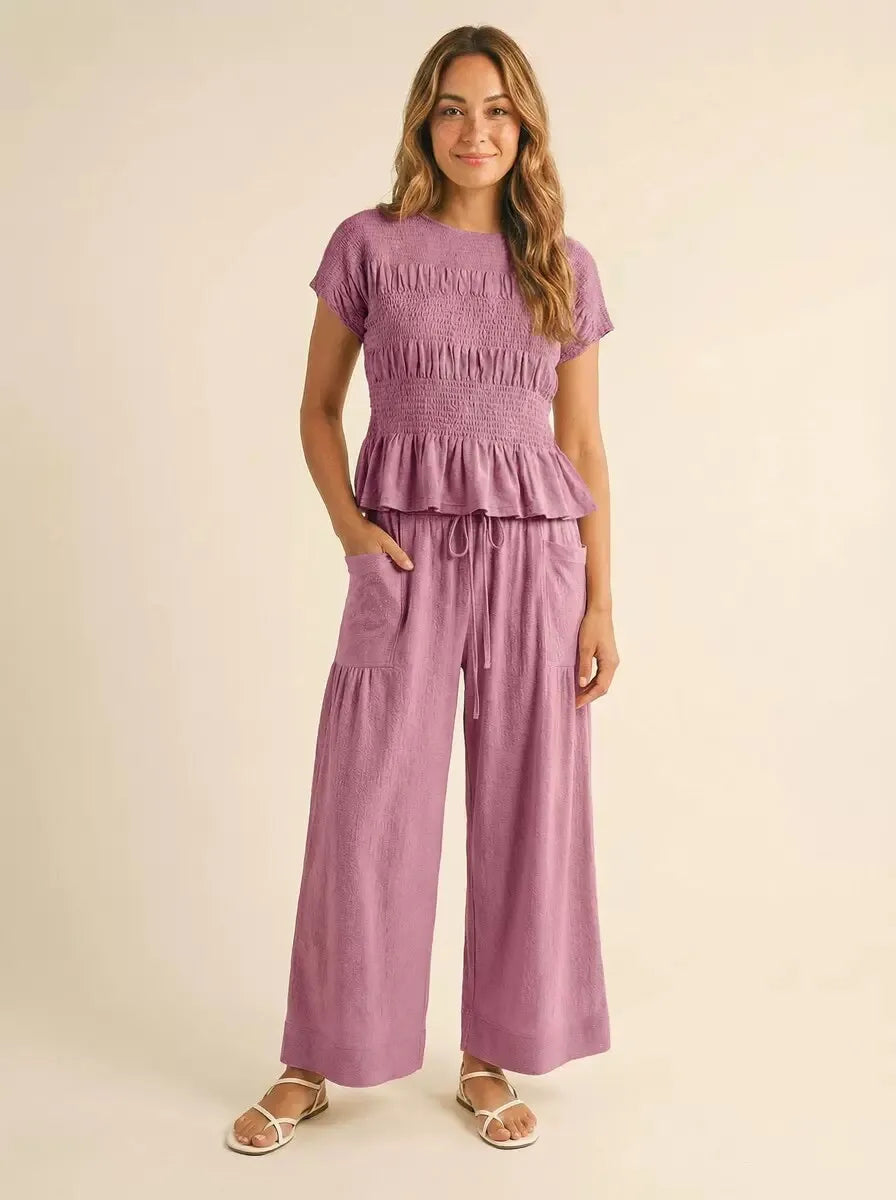 2 Pieces Set for Woman Cotton Pants Solid Long Trousers Two Piece Set Wide Leg Harem Pants Drawstring Casual Pants Blue Womens