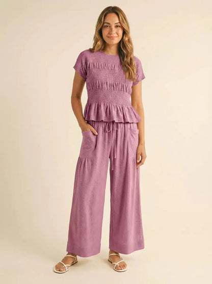 2 Pieces Set for Woman Cotton Pants Solid Long Trousers Two Piece Set Wide Leg Harem Pants Drawstring Casual Pants Blue Womens