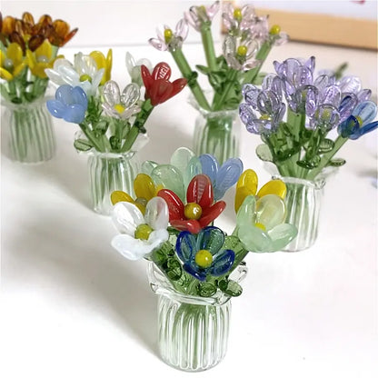 1 Set (8 Flowers + 1 Vase) Handcrafted Mini Glass Artificial Flower Ornaments, DIY Faux Flower Arrangement Bouquet, Decorative Mixed Flower Set for Gifting and Event Decorations, Faux Floral Decor, Artificial Flower Bouquets #GLOBAL PICKS