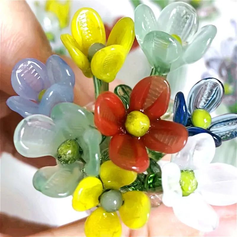 1 Set (8 Flowers + 1 Vase) Handcrafted Mini Glass Artificial Flower Ornaments, DIY Faux Flower Arrangement Bouquet, Decorative Mixed Flower Set for Gifting and Event Decorations, Faux Floral Decor, Artificial Flower Bouquets #GLOBAL PICKS