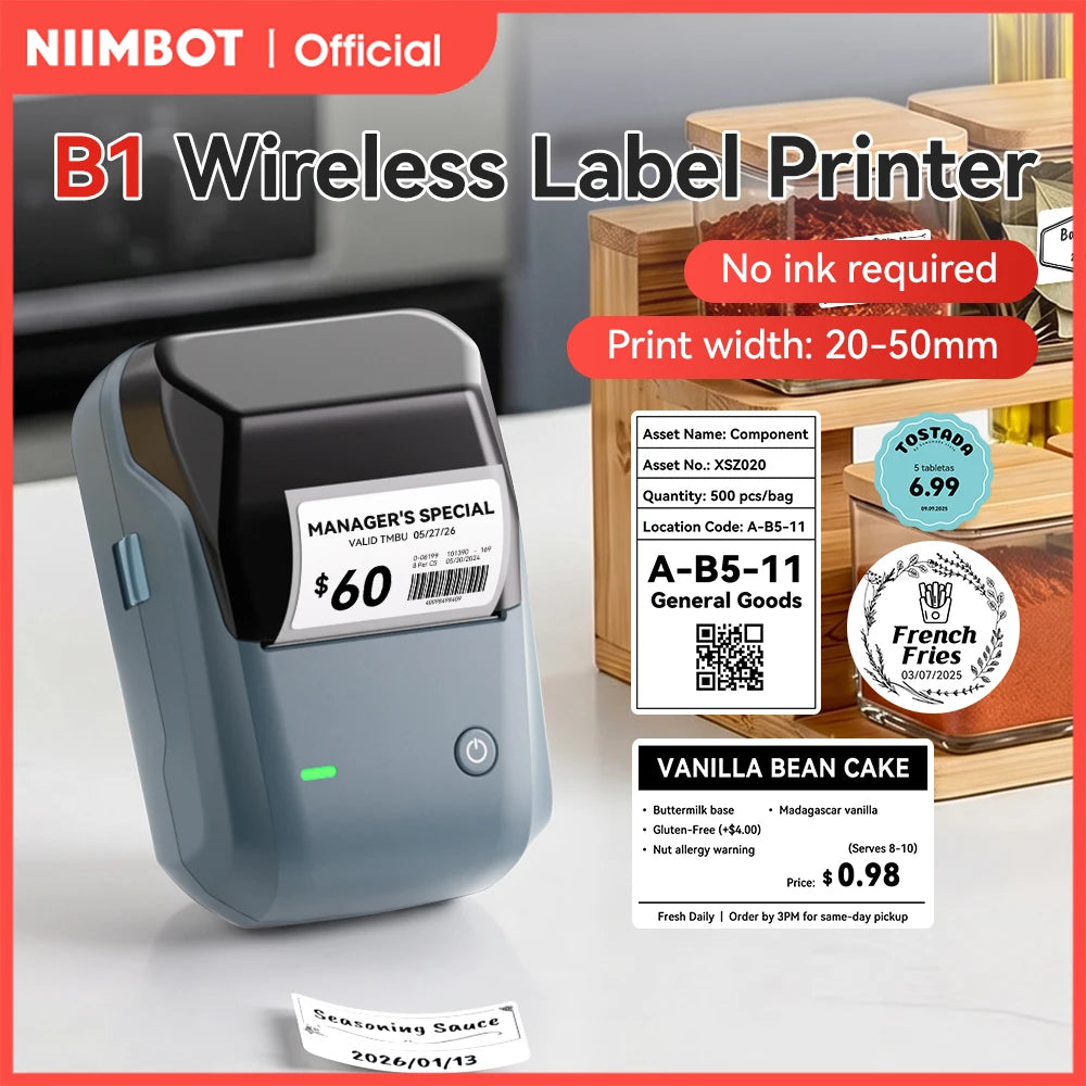 B1 Portable Thermal Printer with Tapes 2 Inch Adhesive Label Printer Mini Bluetooth Sticker Maker Support Smartphones PC