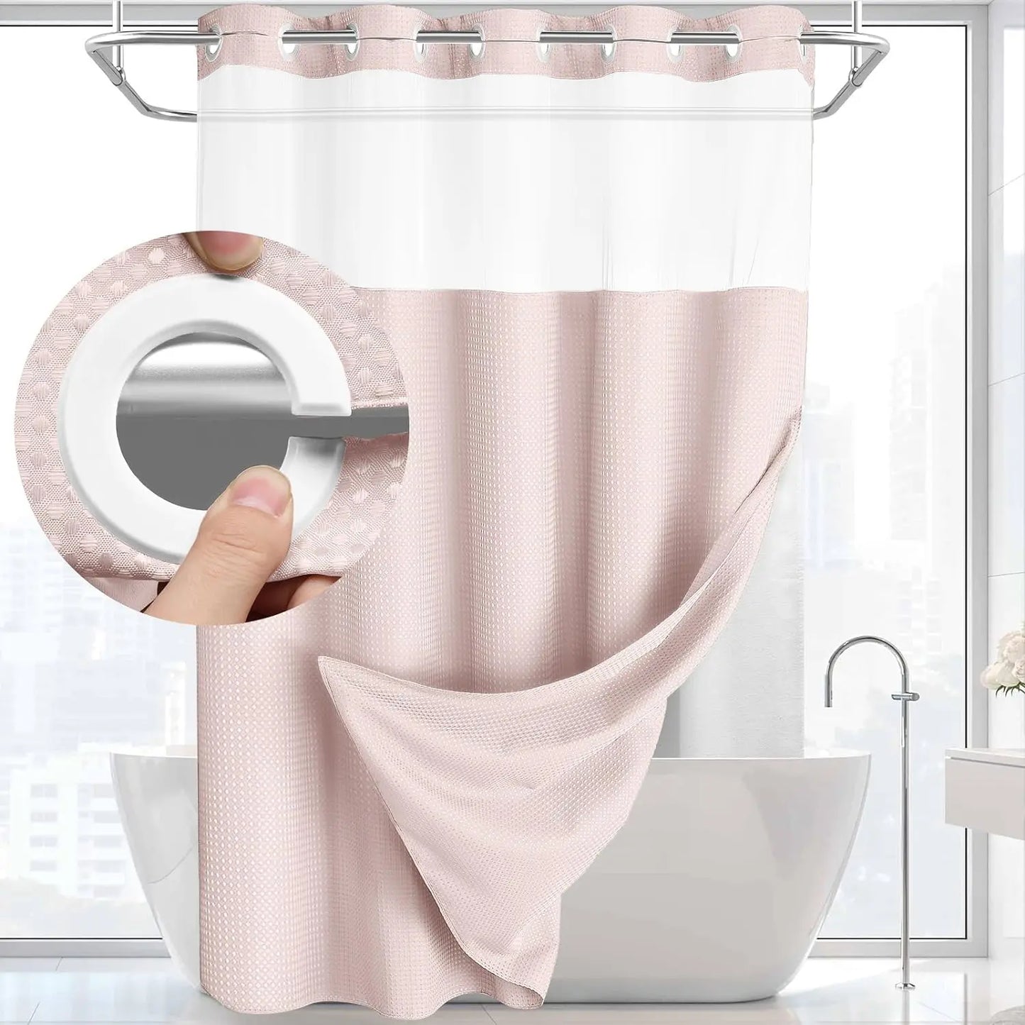 No Hook Washable Waffle Weave Shower Curtain with Snap in Liner -Waterproof Double Layer Shower Curtain with Washableinner Liner, 72 X75 Inch Showercurtain