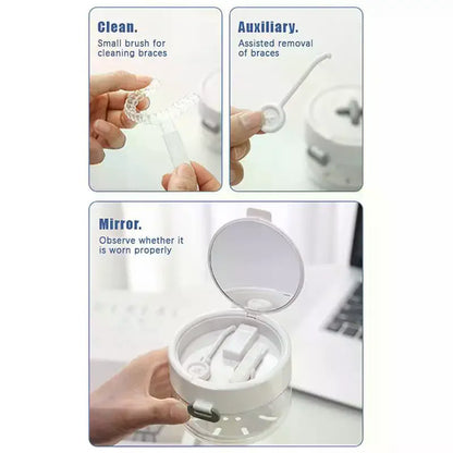 Portable 2 in 1 Multi-Layer Denture Retainer Case with Clip-On Cap Cleaning Storage Box with Cleaning Brush No-Leak Oral Box