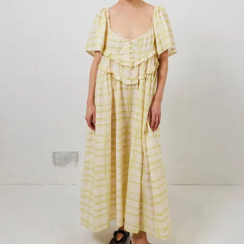 Vacation Dresses Women Y2K Clothes Solid/Plaid Print Low Cut Short Sleeve Swing Loose Long Dress Ladies Party Dresses