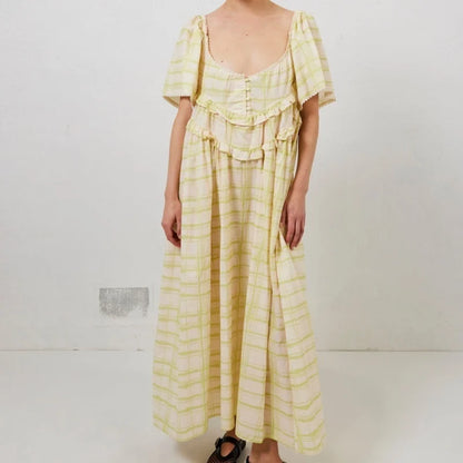 Vacation Dresses Women Y2K Clothes Solid/Plaid Print Low Cut Short Sleeve Swing Loose Long Dress Ladies Party Dresses