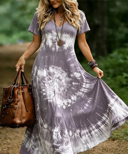 Ladies' Summer New Retro Tie Dye Printed Daily Comfortable Dress, Elegant and Casual V-Neck Dress