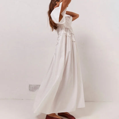 Vacation Dresses Women Y2K Clothes Solid/Plaid Print Low Cut Short Sleeve Swing Loose Long Dress Ladies Party Dresses