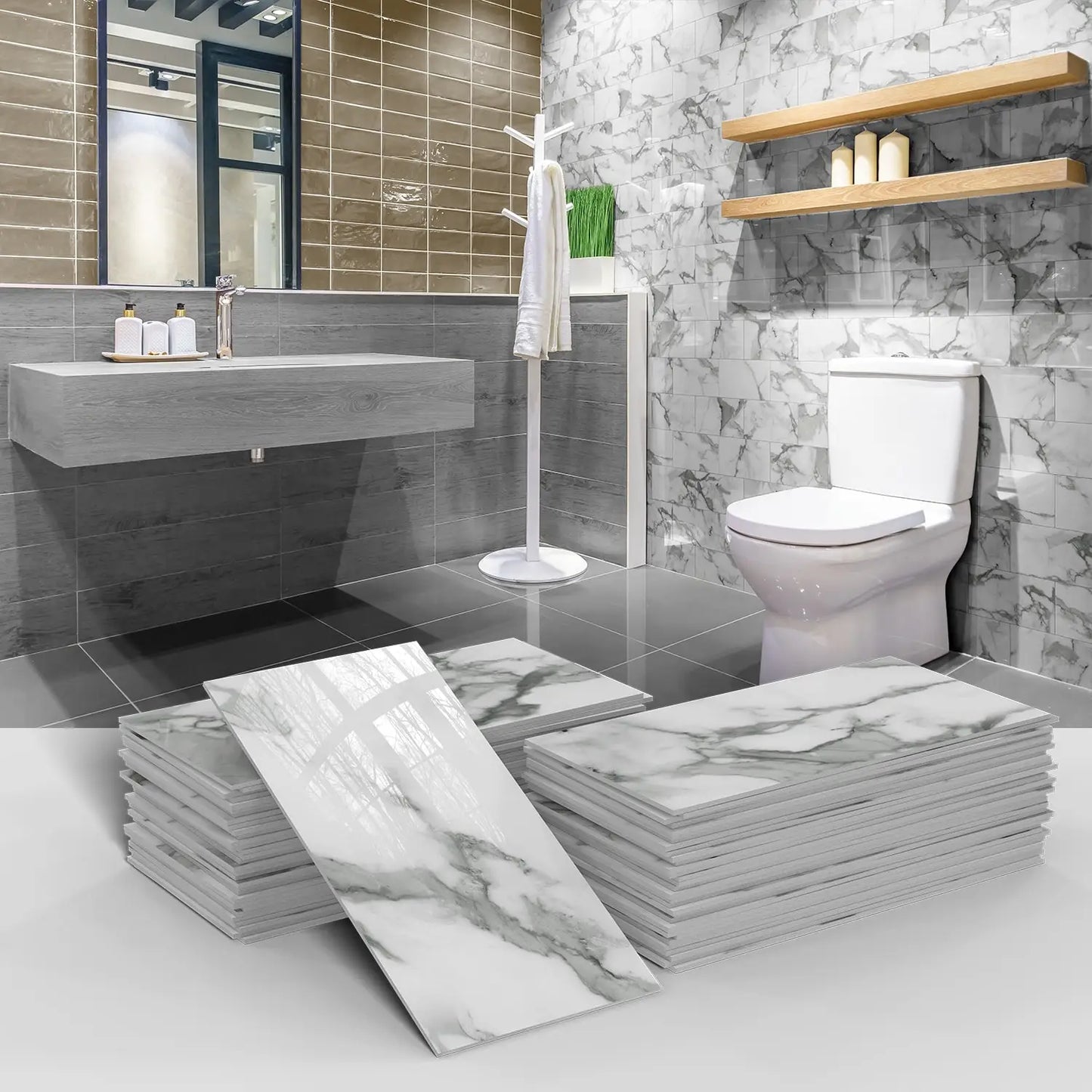 16/32/64PCS Marble Thicker Self-Adhesive Tile Stickers Waterproof Kitchen and Bathroom Minimalist Art 3D Wall Sticker Wallpaper