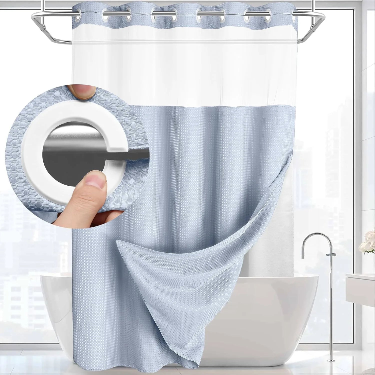 1PC Hookless Waffle Check Shower Curtain Hotel Grade Double Layer Waterproof Bathroom Shower Curtain Easy to Install 10 Colors