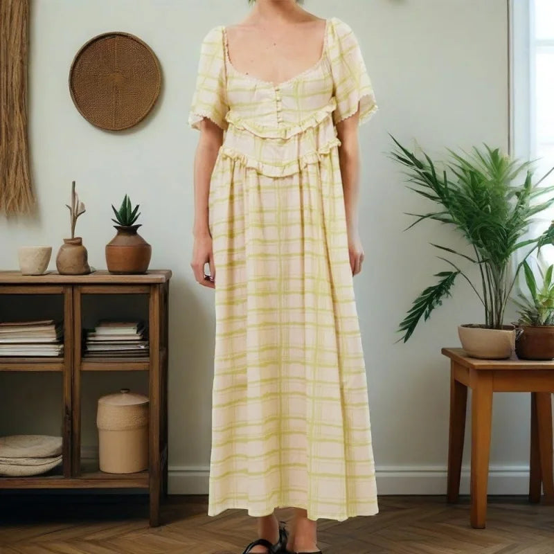 Vacation Dresses Women Y2K Clothes Solid/Plaid Print Low Cut Short Sleeve Swing Loose Long Dress Ladies Party Dresses