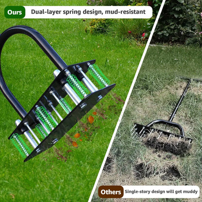 Lawn Aerator, Automatic Dirt and Leaf Clean Design, Heavy Duty Manual Lawn Aerator Tool with 15 Iron Spikes