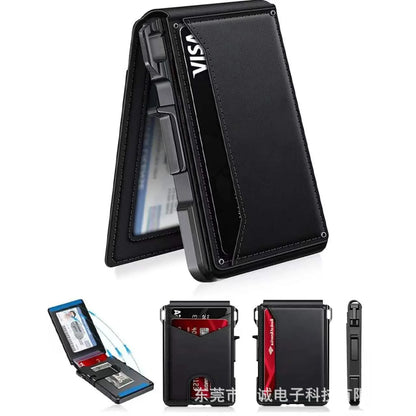 RFID Blocking Pop up Card Holder Wallet for Men Carbon Fiber Texture PU Leather Aluminum Slim Money Clip ID Window