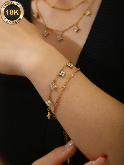 1PC Vintage Ins Fresh Exquisite Jewelry for Women,Stainless Steel Necklace or Bracelet Inlaid Lucky Flower Zircon & Spacer Beads
