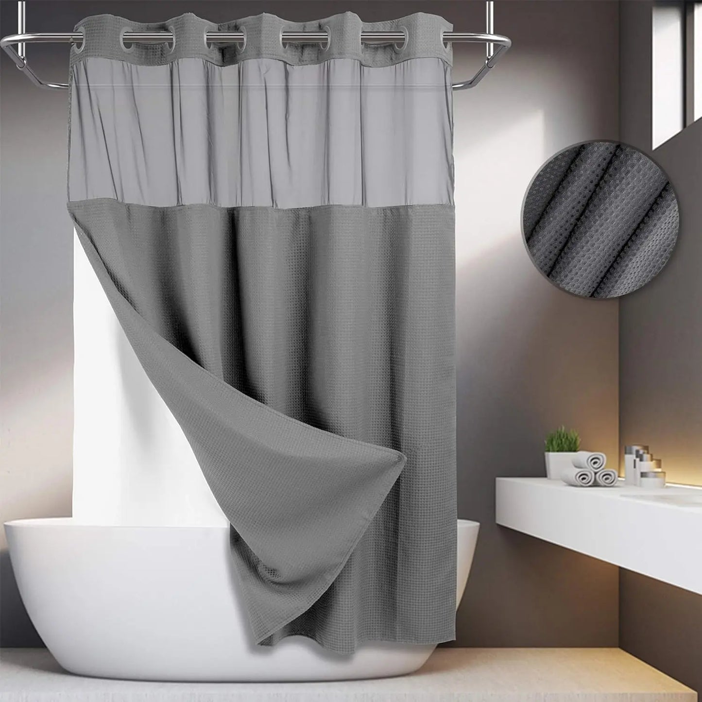 No Hook Washable Waffle Weave Shower Curtain with Snap in Liner -Waterproof Double Layer Shower Curtain with Washableinner Liner, 72 X75 Inch Showercurtain