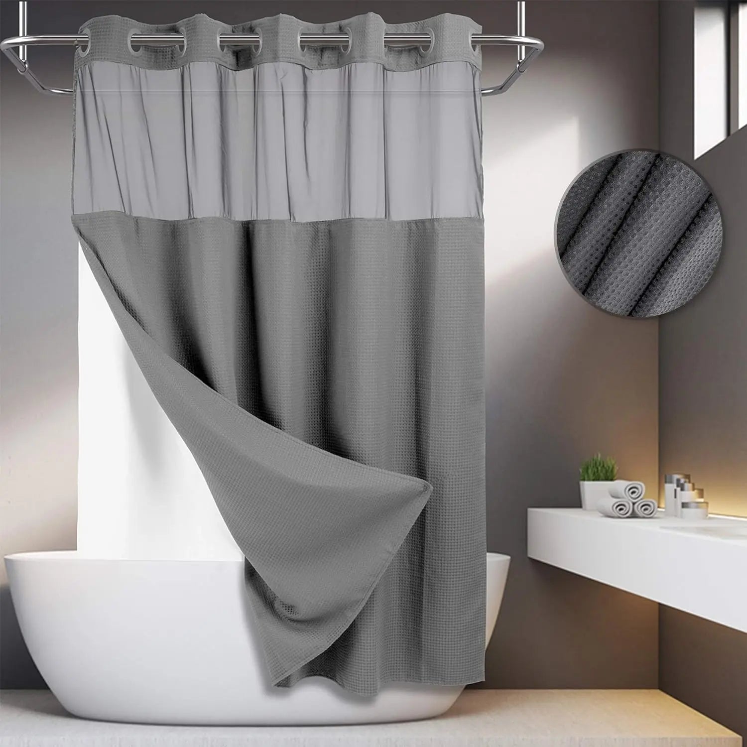 No Hook Washable Waffle Weave Shower Curtain with Snap in Liner -Waterproof Double Layer Shower Curtain with Washableinner Liner, 72 X75 Inch Showercurtain