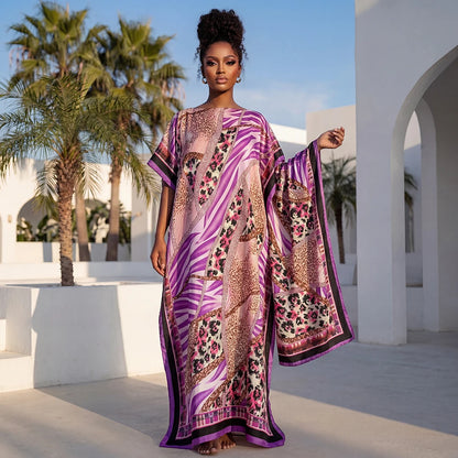 NEW Fashion Summer Dress with Big Scarf Dubai Turkey Kaftan Muslim Loose Abaya Women African Casual Leopard Print Shawl Robe