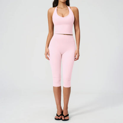 Sports Set Two Pieces Yoga Set Women'S Sports Set Quick Drying Short Sleeve Fitness Set Gym Running Slim Capri Pants Sportswear