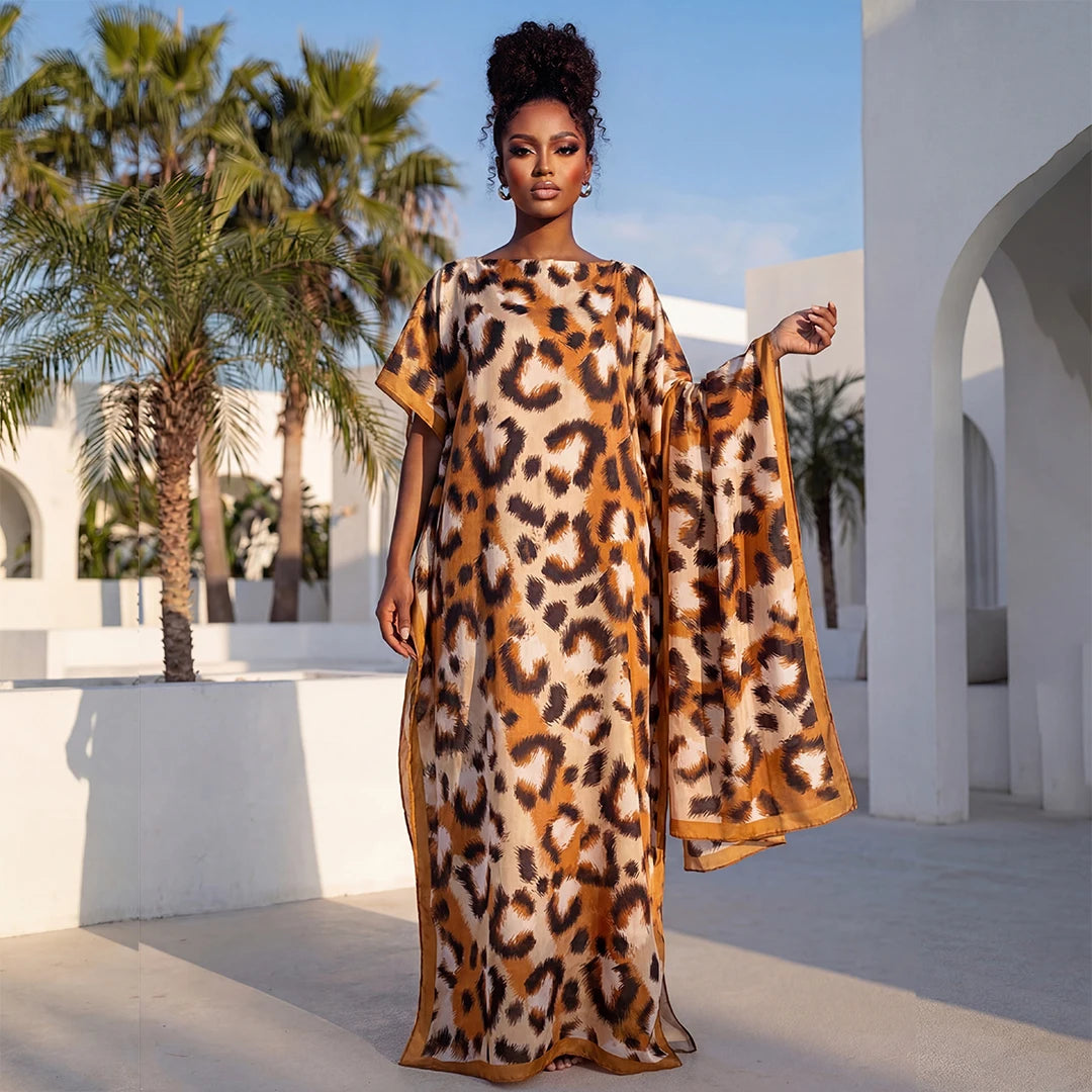 NEW Fashion Summer Dress with Big Scarf Dubai Turkey Kaftan Muslim Loose Abaya Women African Casual Leopard Print Shawl Robe