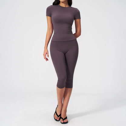 Sports Set Two Pieces Yoga Set Women'S Sports Set Quick Drying Short Sleeve Fitness Set Gym Running Slim Capri Pants Sportswear