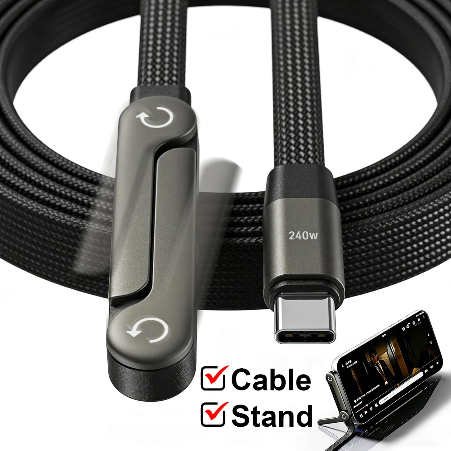 240W Type-C to Type C Cable Elbow Fast Charging Data Cable Foldable Stand Phone Holder for Iphone 17/16/15 for Samsung Charger