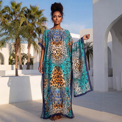 NEW Fashion Summer Dress with Big Scarf Dubai Turkey Kaftan Muslim Loose Abaya Women African Casual Leopard Print Shawl Robe