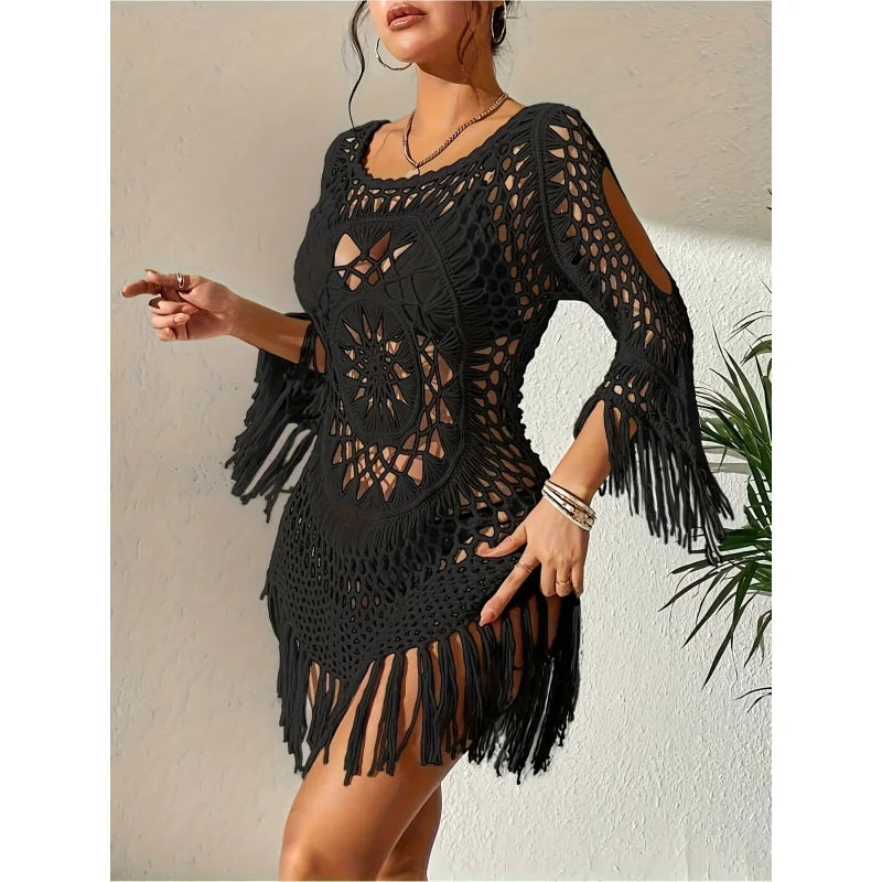MOXDO Swimwear Cover-Up: Resort-Style Beach Fringe, Relaxed-Fit, Openwork Bikini for the Beach, Pool, and Seaside