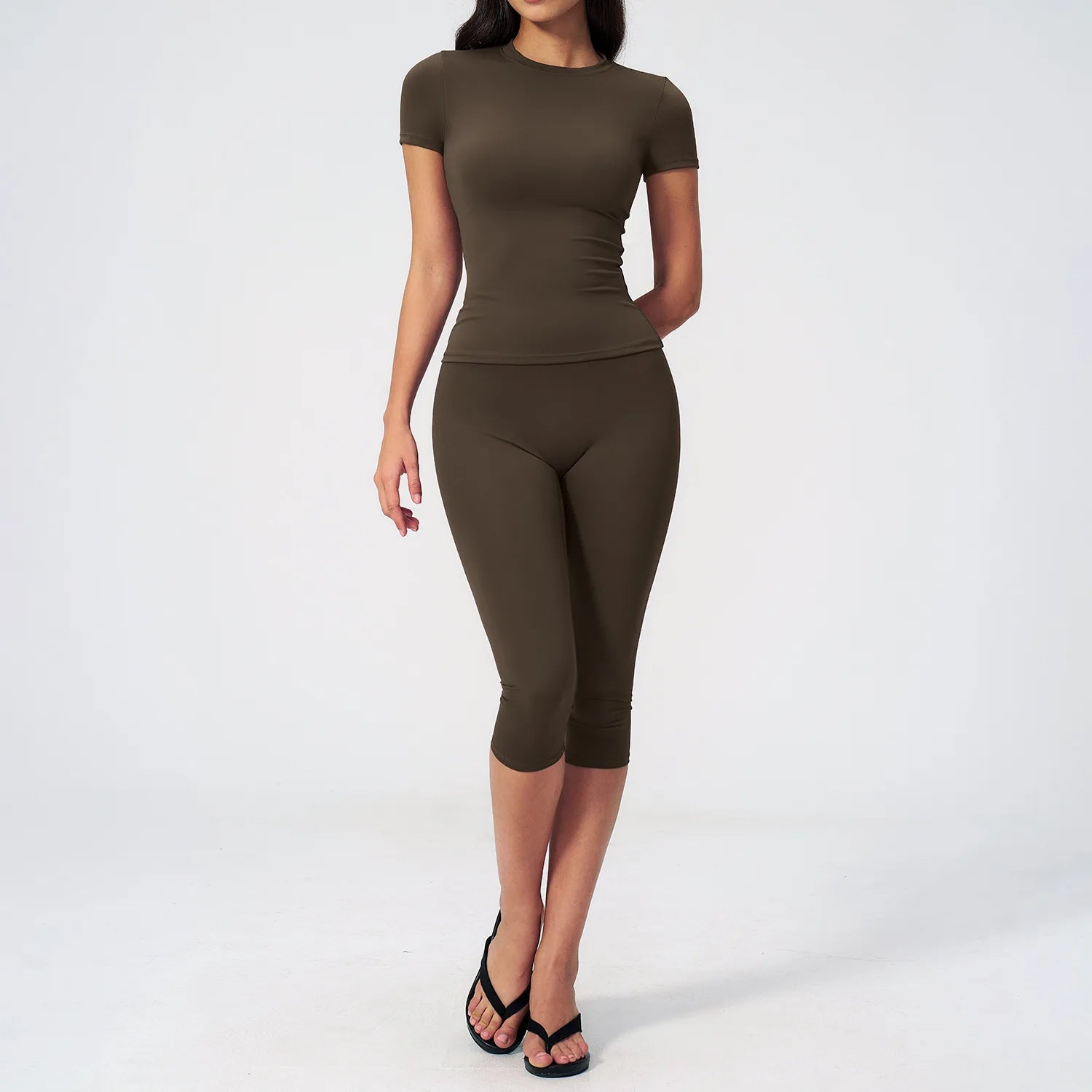 Sports Set Two Pieces Yoga Set Women'S Sports Set Quick Drying Short Sleeve Fitness Set Gym Running Slim Capri Pants Sportswear