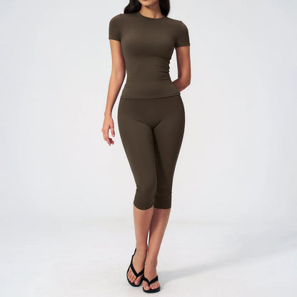 Sports Set Two Pieces Yoga Set Women'S Sports Set Quick Drying Short Sleeve Fitness Set Gym Running Slim Capri Pants Sportswear
