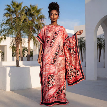 NEW Fashion Summer Dress with Big Scarf Dubai Turkey Kaftan Muslim Loose Abaya Women African Casual Leopard Print Shawl Robe