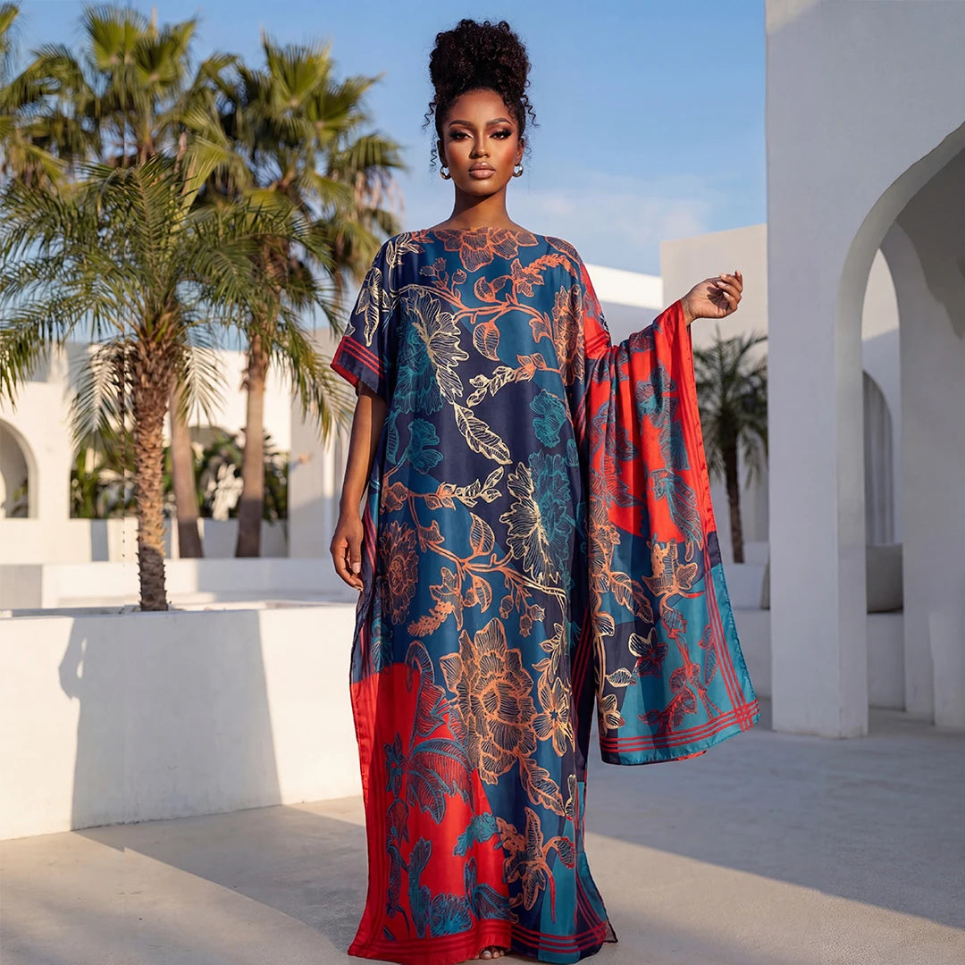 NEW Fashion Summer Dress with Big Scarf Dubai Turkey Kaftan Muslim Loose Abaya Women African Casual Leopard Print Shawl Robe