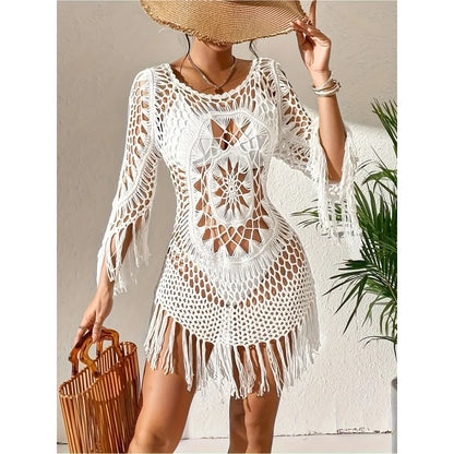 MOXDO Swimwear Cover-Up: Resort-Style Beach Fringe, Relaxed-Fit, Openwork Bikini for the Beach, Pool, and Seaside