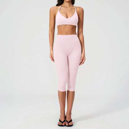 Sports Set Two Pieces Yoga Set Women'S Sports Set Quick Drying Short Sleeve Fitness Set Gym Running Slim Capri Pants Sportswear