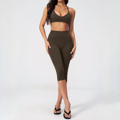 Sports Set Two Pieces Yoga Set Women'S Sports Set Quick Drying Short Sleeve Fitness Set Gym Running Slim Capri Pants Sportswear