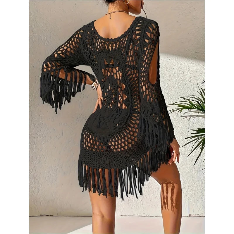 MOXDO Swimwear Cover-Up: Resort-Style Beach Fringe, Relaxed-Fit, Openwork Bikini for the Beach, Pool, and Seaside