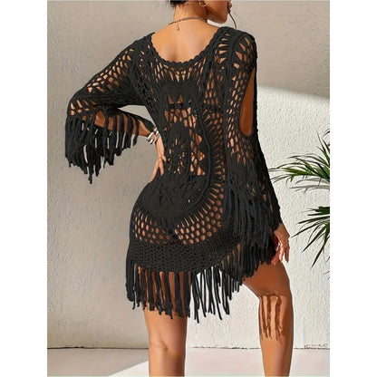MOXDO Swimwear Cover-Up: Resort-Style Beach Fringe, Relaxed-Fit, Openwork Bikini for the Beach, Pool, and Seaside