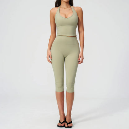 Sports Set Two Pieces Yoga Set Women'S Sports Set Quick Drying Short Sleeve Fitness Set Gym Running Slim Capri Pants Sportswear