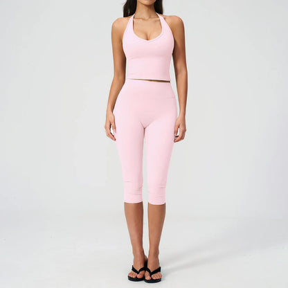 Sports Set Two Pieces Yoga Set Women'S Sports Set Quick Drying Short Sleeve Fitness Set Gym Running Slim Capri Pants Sportswear
