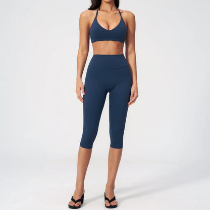Sports Set Two Pieces Yoga Set Women'S Sports Set Quick Drying Short Sleeve Fitness Set Gym Running Slim Capri Pants Sportswear
