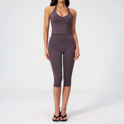 Sports Set Two Pieces Yoga Set Women'S Sports Set Quick Drying Short Sleeve Fitness Set Gym Running Slim Capri Pants Sportswear