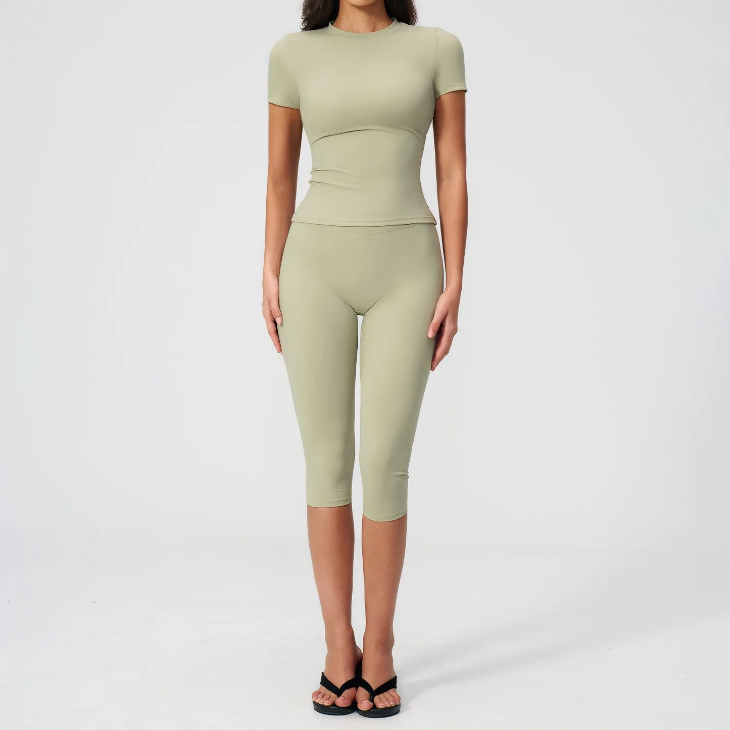 Sports Set Two Pieces Yoga Set Women'S Sports Set Quick Drying Short Sleeve Fitness Set Gym Running Slim Capri Pants Sportswear