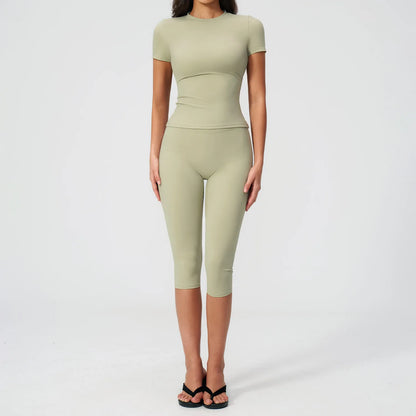 Sports Set Two Pieces Yoga Set Women'S Sports Set Quick Drying Short Sleeve Fitness Set Gym Running Slim Capri Pants Sportswear