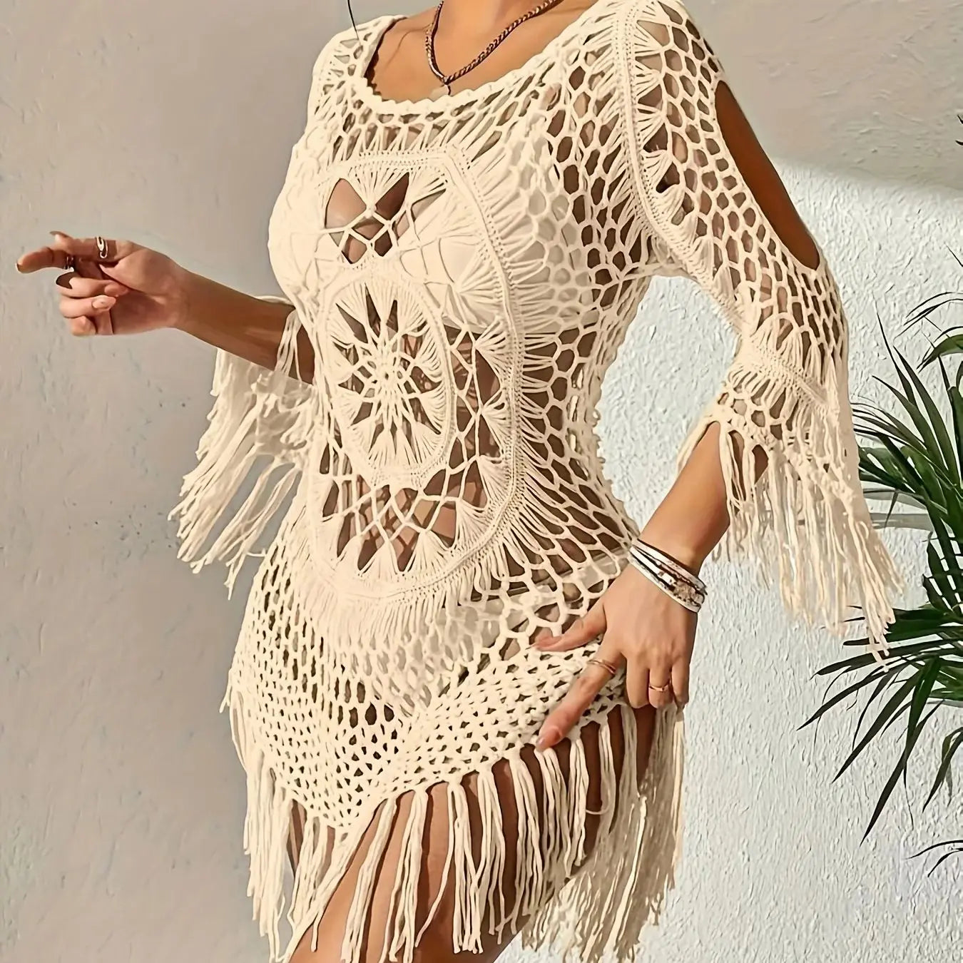 Moxdo Bikini Swimsuit Cover-Up Vacation Style Beach Fringe Casual Loose Hollow-Out Beach Pool Seaside