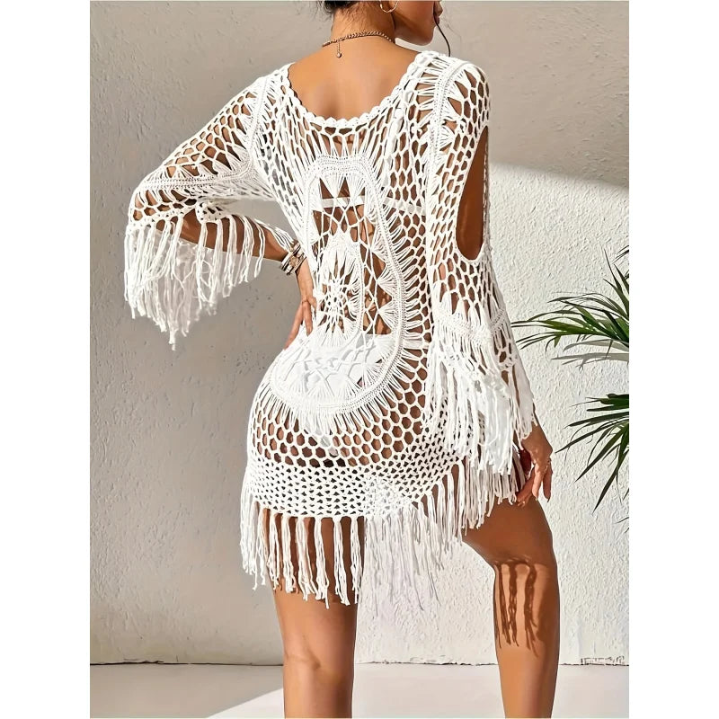 MOXDO Swimwear Cover-Up: Resort-Style Beach Fringe, Relaxed-Fit, Openwork Bikini for the Beach, Pool, and Seaside